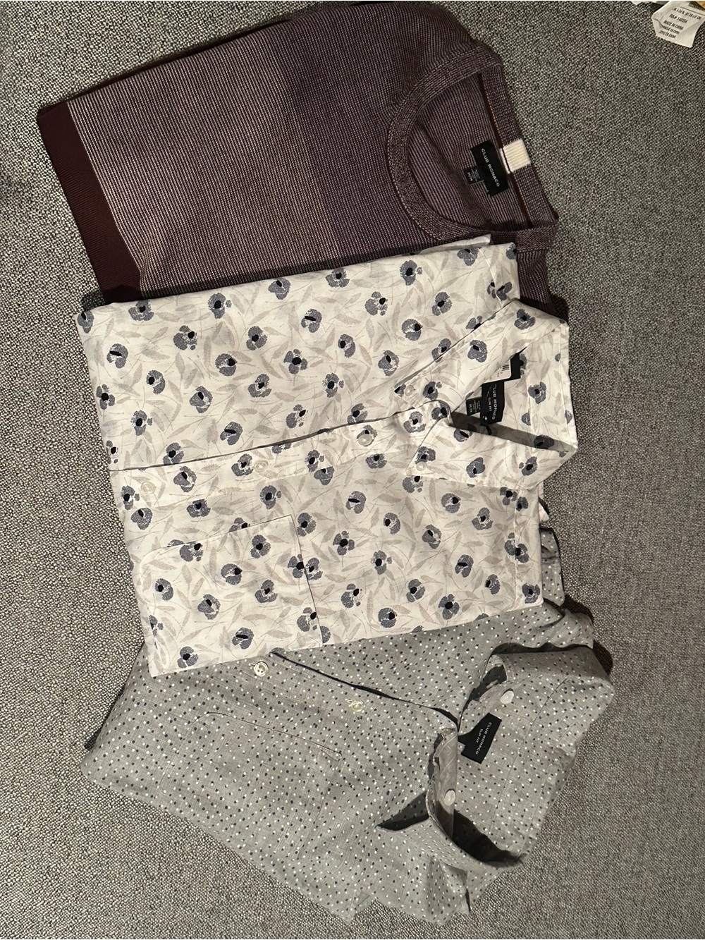 Club Monaco Floral White Button-Down with Gray and Burgundy Shirts and sweater.